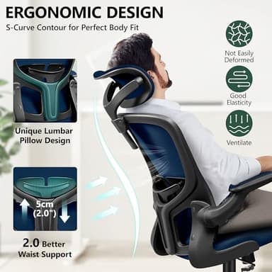 FelixKing Ergonomic Office Desk Chair with Headrest, Wheels, Adjustable Lumbar Support and Height, Swivel Comfy Task Chair with Flip-up Armrests, Ergo Mesh Backrest for Working (Navy) - Image 7