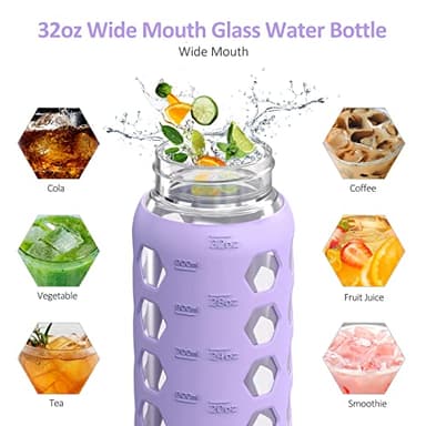 MUKOKO 32oz Glass Water Bottles with 2 Lids-Handle Spout Lid&Bamboo Straw Lid, Motivational Water Tumbler with Time Marker Reminder and Silicone Sleeve, Leakproof-Purple-1 Pack - Image 5