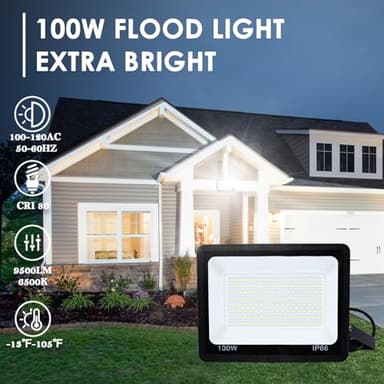 100W Flood Light Outdoor, 9500LM Floodlight Super Bright (800W Halogen Equivalent) Security Lights Outside, IP66 Waterproof, 6500K White Wall Mount Exterior LED Flood Light, CRI 90+, 2 Pack - Image 2