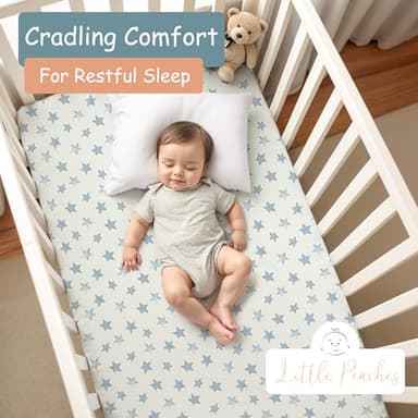 Little Peaches Baby Crib Sheets - Super Soft & Breathable Crib Mattress Sheet, Portable Crib Sheets for Boys, 4 Way Stretch Knitted Fitted Crib Sheet, 2 Pack - Star-Blue & Navy - Image 3