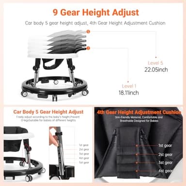 TreeCute Baby Walker Foldable with 9 Adjustable Heights, Baby Walker with Wheels Portable, Infant Toddler Walker for Baby Boy Girls 6-18 Months - Image 3