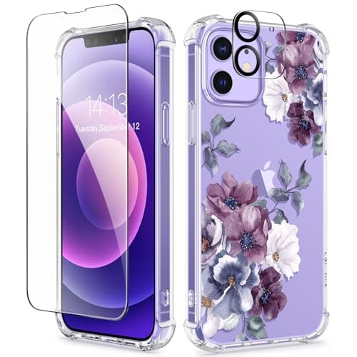 GVIEWIN for iPhone 12 Case and iPhone 12 Pro Case with Screen Protector + Camera Lens Protector, Clear Flexible TPU Shockproof Cover Women Girls Flower Pattern Phone Case 6.1 (Morning Glory/Purple) - Image 1