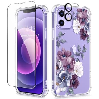 GVIEWIN for iPhone 12 Case and iPhone 12 Pro Case with Screen Protector + Camera Lens Protector, Clear Flexible TPU Shockproof Cover Women Girls Flower Pattern Phone Case 6.1 (Morning Glory/Purple) - Image 1