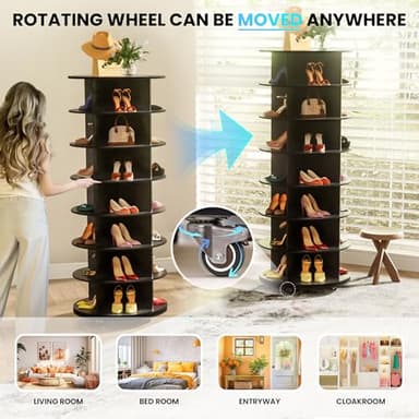 Gujiam Wood 7-Tier Rotating Shoe Rack Tower, 360 with Wheels, Shoe Tree Organizer for Entryway Closet Bedroom, Space-Saving Design, Compact Tower, 66.9 Inch - Black - Image 5