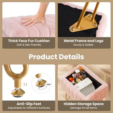 DUMOS Vanity Stool Chair, Ottoman with Storage, Makeup Cute Soft Small Footstool, Modern Style Faux Fur Seat with 4 Metal Legs & Adjustable Feet for Dressing, Living Room, Bedroom, Dorm, Pink - Image 4