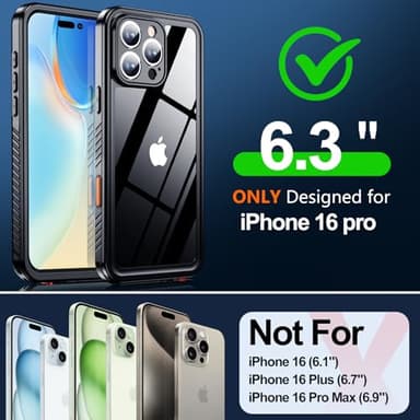 MOZOTER for iPhone 16 Pro Case Waterproof,[IPX8 Underwater Case][Full Body Shockproof & Military Dropproof] Clear Sound Quality Built-in Screen Protector for iPhone 16 Pro 6.3 inch-Black - Image 2