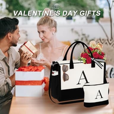 YOOLIFE Gifts for Women Female - Birthday for Women Bridesmaid Wedding Teacher Mrs Gifts | Initial Canvas Tote Bag & Makeup Bag - Image 2