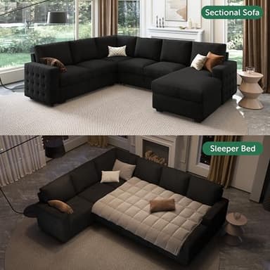 HONBAY Sectional Sleeper Sofa with Pull Out Bed U-Shape Sectional Couch with Storage Chaise 6 Seater Sleeper Sectional Sofa Bed, Velvet Black - Image 3