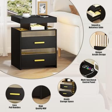 Nightstand with Charging Station and LED Lights, Night Stand with 2 Drawers, Wood Smart Bedside Table, Modern Bed Side Table for Bedroom, Black - Image 5