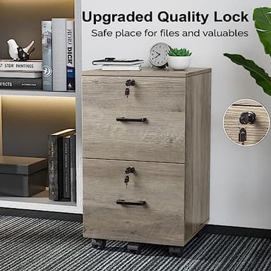 VINGLI 2 Drawer File Cabinet with Lock, Wood Rustic Gray Filing Cabinet for Letter Size File Folders with Tabs, Under Desk Rolling File Cabinets for Home Office, Mobile File Organization Printer Stand - Image 5