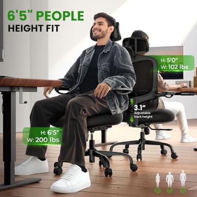 Ergonomic Office Chair Big and Tall - 6'5" Tall Max, 350Lbs Capacity Computer Desk Chairs Over 10 Hours Comfortable, with Adjustable Mesh High Back, Lumbar Support, 3D Headrest, Flip-up Arms - Image 5
