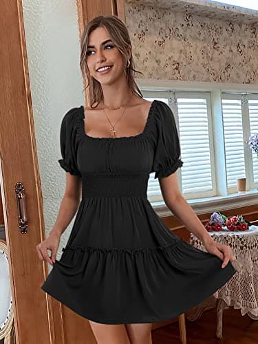 Heysolo Womens Square Neck Mini Dress Casual Short Sleeve Empire Waist Smocked Summer Babydoll Dresses - Image 4