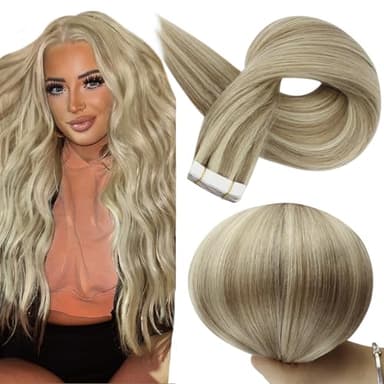Full Shine Tape in Hair Extensions 24 Inch Double Sided Tapes Color 16 Highlighted 22 Blonde Remy Hair Extension Real Human Hair Skin Weft for Women Natural Straight 20 Pcs 50 Gram Add Length - Image 1