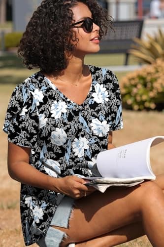 CATHY 2025 Womens Tops Summer Short Sleeve T-Shirts Plus Sized V Neck Tunic Blouse Casual Floral White Lily X-Large - Image 2