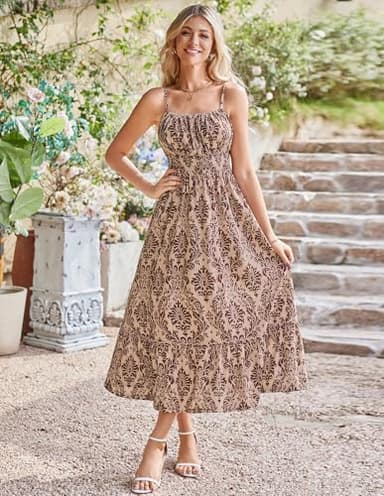 Womens Dresses 2025 Spring Maxi Dress Casual Square Neck Floral Tiered Flowy Aline Vacation Beach Dress Brown Floral XXL - Image 2