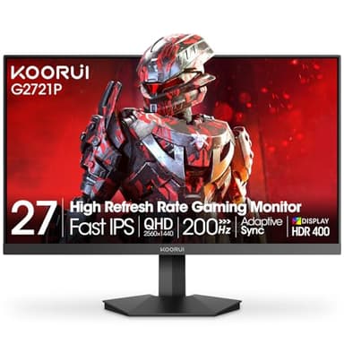 KOORUI 27" 200Hz Gaming Monitor, 1ms Fast IPS Computer Monitor, WQHD (2560 x 1440p) HDR 400 Display, DCI-P3 95% Color Gamut, FreeSync Premium, Adaptive G-Sync, HDMI x 2, DisplayPort, Black - Image 1