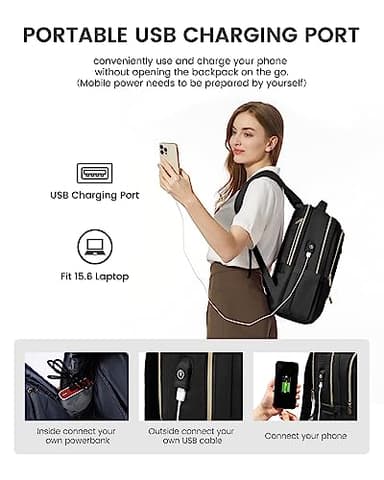 LOVEVOOK Laptop Backpack for Women, Black Business Travel Backpacks with USB Port, Water Resistant Work Teacher Computer Bag, Stylish Daypack, Fits 15.6" Laptop - Image 6