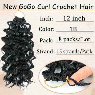 Pre looped Gogo Curl Crochet Hair 12 Inch 8 Packs Pre twisted Short Curly Crochet Hair for Black Women Ocean Wave Braiding Hair Water Wave Deep Braiding Hair (12 inch 1B) - Image 4