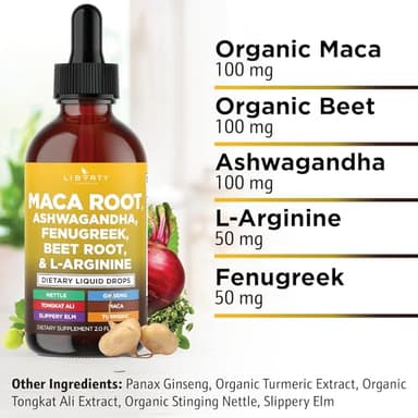 Liberty Lifestyle Organic Maca Root Liquid Drops with Ashwagandha, Nettle, Fenugreek, Beet Root and L-Arginine Liquid Multivitamin for Women and Men - 4oz - Image 3