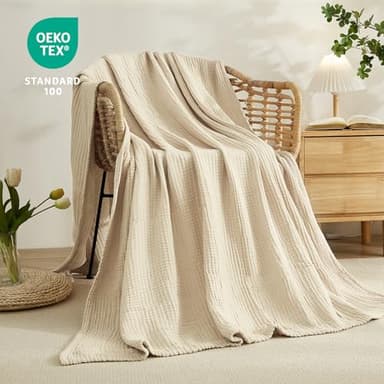 EMME Cotton Throw Blanket Large 50"x70" Gifts for Women 100% Muslin for Couch Breathable Gauze All Season Soft and Lightweight Pre-Washed (Light Tan) - Image 3