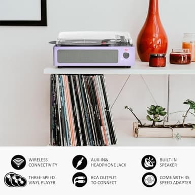 WOCKODER Turntable Vinyl Record Players New Sleek Turn Tables with Speakers Belt-Driven All-in-one LP Phonograph 3-Speed Bluetooth Wireless Playback Headphone AUX RCA Auto Stop Pale Light Purple - Image 4