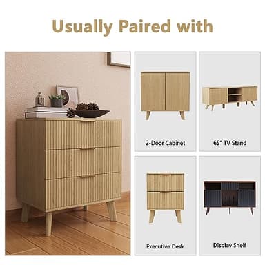 XUZENEST Fluted 3 Drawer Dressers, Modern Closet Dressers Chest of Drawers, Wood Storage Dresser Chest of Drawers Organizer for Bedroom Living Room Hallway Closet(Natural) - Image 7