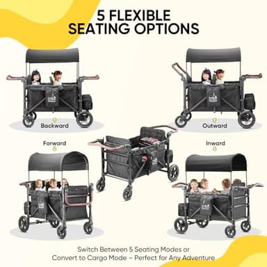 Rovique 4 Seater Wagon Stroller – Deluxe Quad Wagon for 4 Kids with Snack Trays,All-Terrain Wheels,Push Handle, Canopy,Aluminum Frame – Gift for Baby Showers,New Parents,Birthdays - Image 2