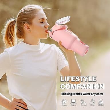 BLUEGO 40 oz Glass Water Bottle with Straw, Leakproof Glass Drinking Bottle with Time Marker and Silicone Sleeve, Wide Mouth Water Bottle for Travel, Gym, Workout, Pink - Image 5