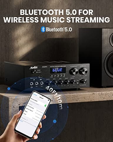 Moukey Stereo Receivers with Bluetooth 5.0, 400W 2.0 Channel Power Audio Amplifier Stereo System w/USB, SD, AUX, RCA, MIC in w/Echo, LED for Karaoke, Home Theater Speakers - MAMP1 - Image 5