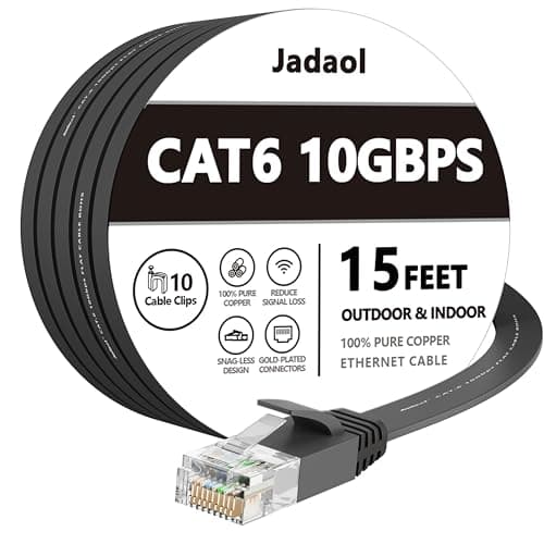Jadaol Cat 6 Ethernet Cable 15 ft, Outdoor & Indoor 10Gbps Support Cat8 Cat7 Network, Flat RJ45 Internet LAN Computer Patch Cable for Router, Modem, Switch, Gaming Consoles, Streaming Devices, Black - Image 1