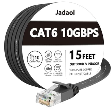 Jadaol Cat 6 Ethernet Cable 15 ft, Outdoor & Indoor 10Gbps Support Cat8 Cat7 Network, Flat RJ45 Internet LAN Computer Patch Cable for Router, Modem, Switch, Gaming Consoles, Streaming Devices, Black - Image 1