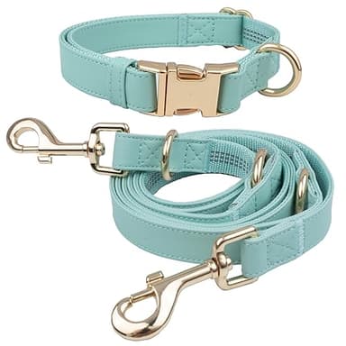 Leather Dog Collar and Leash Set 7FT Reflective at Night - Soft and Easy to Clean Vegan Leather with Gold Metal Buckle for Small Medium Large Dogs (S, Sea Green) - Image 1