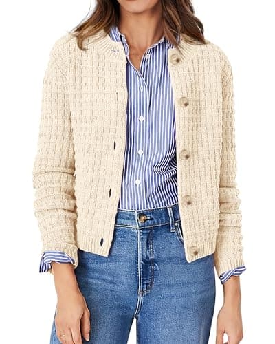 PRETTYGARDEN Women's Knit Cardigan Sweaters Casual Long Sleeve Open Front Button Down Trendy Jackets Outerwear (Beige,Small) - Image 1