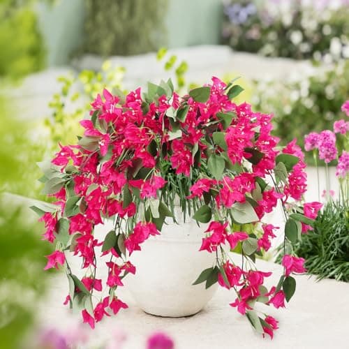 RECUTMS Artificial Fake Hanging Plants Flowers for Outdoor 4pcs Faux Silk Bougainvillea Long Vines Stems Realistic UV Resistant Home Porch Patio Balcony Garden Yard Outside (Rose Red) - Image 1