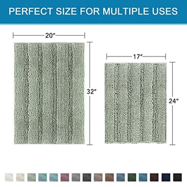 H.VERSAILTEX Sage Bathroom Rugs, Bath Mat Set of 2 Extra Thick Chenille Striped Pattern Shaggy Bath Rugs for Bath Room, Non Skid Bath Mats for Bathroom Floor (32 x 20 Plus 24 x 17 - Inches) - Image 2