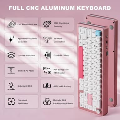 YUNZII AL66 Wireless Mechanical Keyboard,Full Aluminum CNC,65% Knob Control,Bluetooth/2.4G/Wired,Hot Swappable Pre-lubed Switches,Gasket Mounted RGB for Win/Mac(Milk Switch, Pink) - Image 2