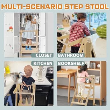 Foldable Toddler Kitchen Stool Helper, Toddler Tower with 3 Adjustable Height, Wooden Toddler Step Stool, Collapsible Toddler Tower, Toddler Stool for Kitchen and Bathroom (Nature) - Image 7