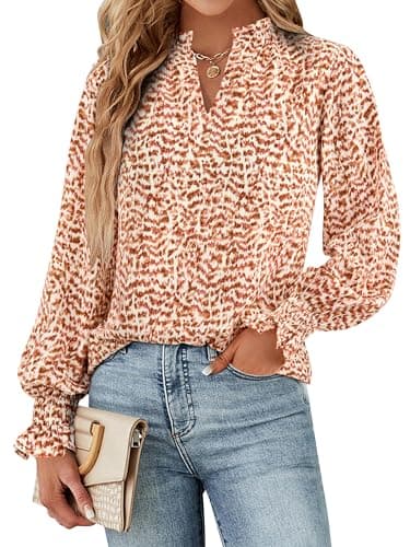 MASCOMODA Womens V Neck Floral Long Sleeve Tops 2025 Summer Casual Loose Puff Sleeve Chiffon Boho Work Blouse Dressy T Shirts(Floral Orange,Large) - Image 2