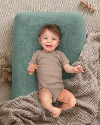 Blissful Diary Muslin Changing Pad Cover for Girls Boys, Ultra Soft Breathable Cotton, Baby Diaper Change Table Pad Covers, 2Pack (Roman Green&Leaf) - Image 6