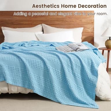 David's Home 100% Cotton Waffle Blanket Queen Size, Lightweight Breathable Soft Cooling Blanket for All Seasons, Gift for Women, Aesthetics Home Decor for Couch Sofa Bedding,Sky Blue,90x90 - Image 5