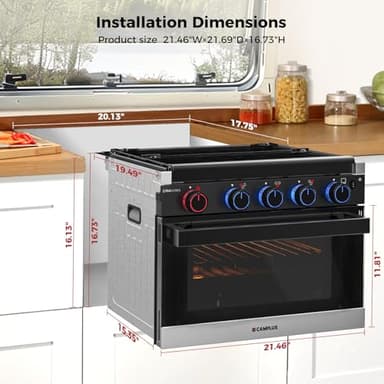 CAMPLUX RV Propane Oven Stove Combo 17 Inches, 1.27 Cu.ft. Gas Oven Stove with 3 Burners, Total Output 28,100 BTU/Hr, Gas Ranges for RV, Apartment or Mini Kitchen, Black, EliteSERIES - Image 6