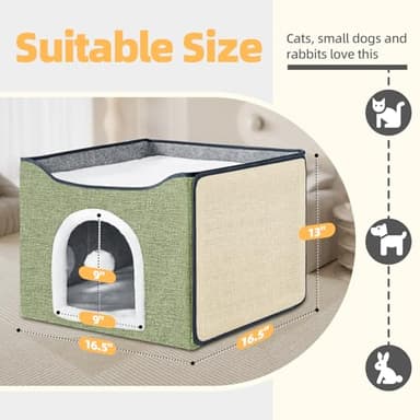 Purr&Knead Cat Bed for Indoor Cats with Large Replaceable Scratch Pad, Cat Cave with Hanging Toy Ball, Foldable Cat Hideaway, Covered Cat Bed Cave for Cat House(Green) - Image 6