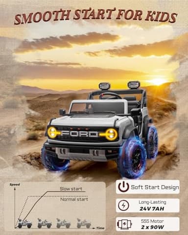 First Ride On Licensed Ford Bronco Raptor 24V 2 Seater Kids Ride on Toys, Battery Powered Electric Ride on Car, Remote Control Electric Car w/Led Lights, Music, High Low Speed (24V, White) - Image 8