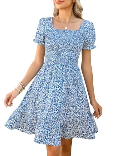 Lyrur Cute Spring Dresses for Women 2025 Trendy Summer Flowy Square Neck Tiered Smocked Midi Dress with Pockets (S,7036 Blue Floral) - Image 1