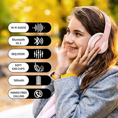 Glynzak Wireless Bluetooth Headphones Over Ear 65H Playtime HiFi Stereo Headset with Microphone and 6EQ Modes Foldable Bluetooth V5.3 Headphones for Travel Smartphone Computer Laptop Rose Gold - Image 6