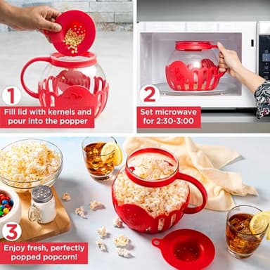 Ecolution Patented Micro-Pop Microwave Popcorn Popper with Temperature Safe Glass, 3-in-1 Lid Measures Kernels and Melts Butter, Made Without BPA, Dishwasher Safe, 3-Quart, Red - Image 3