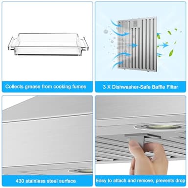 36 inch Wall Mount Range Hood, 1200 CFM with 4-Speed Gesture Sensing & Touch Control, Stainless Steel Kitchen Stove Vent Hoods with 2 LED Lights, Time Setting, Dishwasher-Safe Baffle Filters - Image 8