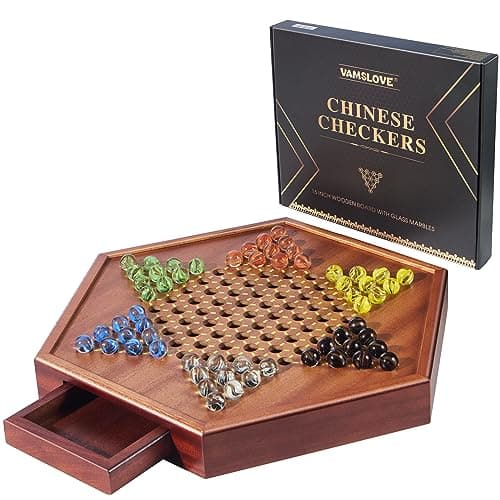 VAMSLOVE Chinese Checkers 15" Large Upgraded Version Wooden Game Board, 16mm 60+12 Colorful Glass Marbles, Easy Grasping for Adults and Kids, w/Storage Drawer, Fun for Family Gathering - Image 1