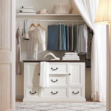 IFGET Farmhouse 5 Drawers Dresser for Bedroom, Wood Rustic Storage Organizer Closet Chest, Chest of Drawers w/Groove Barn Door&Shelf for Closet, Living Room, Dining Room, Hallway-White - Image 3