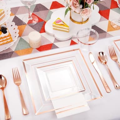 Festiva 350Pcs Rose Gold Plastic Plates - Clear Rose Gold Disposable Dinnerware Sets for 50Guests include 100 Plates 50 Cups 50Plastic Cutlery 50Napkins Perfect for Party&Wedding&Mother's Day - Image 6